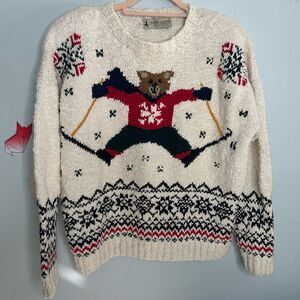Vintage 1990s Marsh Landing Hand Knit Chunky Intarsia Skiing Bear Sweater Sz Med
